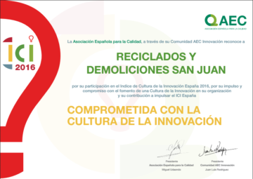 Diploma a la cultura de la innovación otorgado a Reciclados y Demoliciones San Juan
